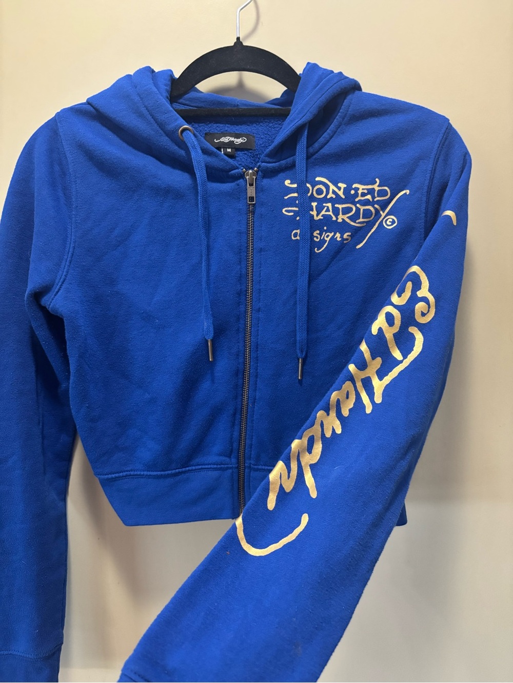 Ed Hardy Royal Blue Hooded Zip Jacket with Gold Script